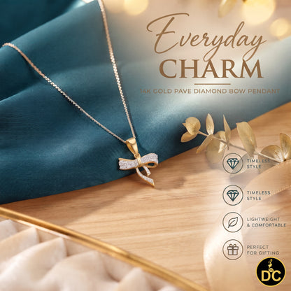 DiamondCelebritees  925 Sterling Silver Real 0.05CT Diamond Ribbon Bow Yellow 18mm Necklace Pendant