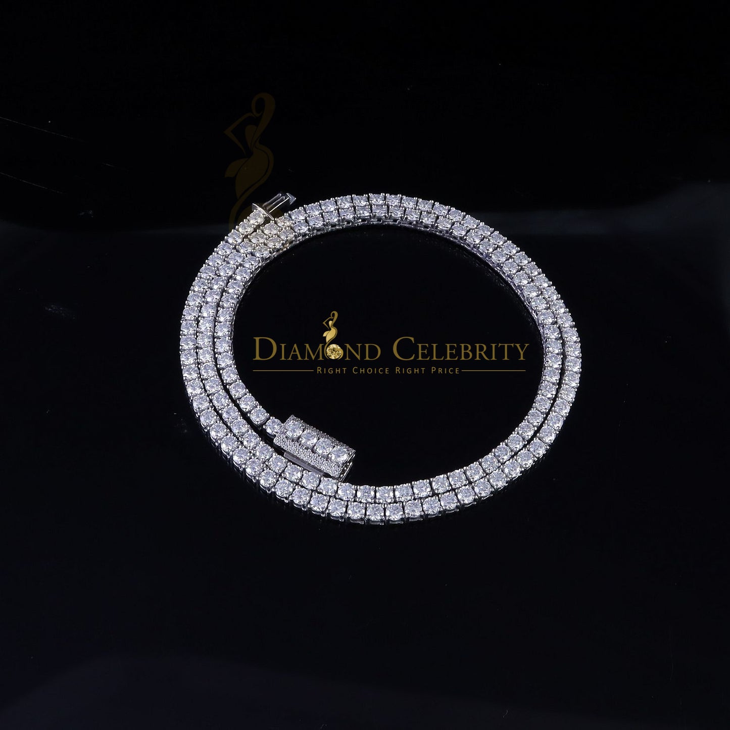 Diamondcelebritees  20ct Moissanite White 925 Silver Round 2Row Tennis Bracelete 4mm Thick 8" Long