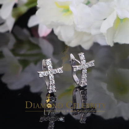 Diamondcelebritees 925 Silver Round Shape White Hip Hop Cross Stud Earrings 22 Moissanite for Women