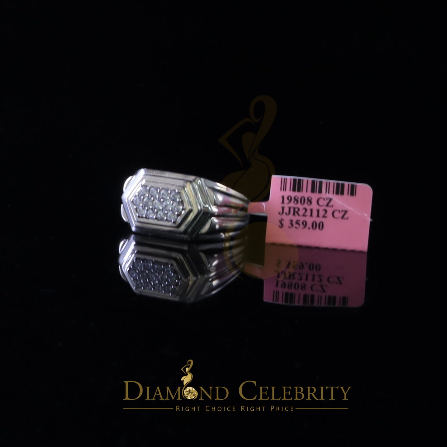 DiamondCelebritees Sterling White Silver 0.40ct Cubic Zirconia Hexagon Engagement Men's Ring Size 9