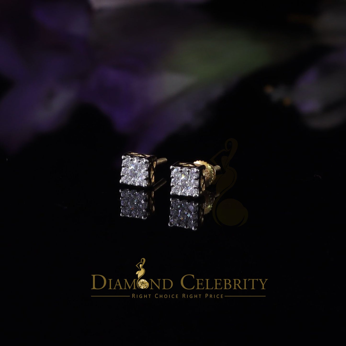DiamondCelebritees Real Moissanite Stud Square Earrings 10k Real Yellow Gold 0.33ct VVS 'D' Color
