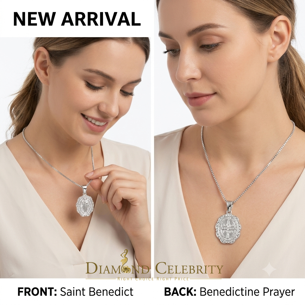 DiamondCelebritees 925 Sterling Silver Double Side Oval Benedict Men/Women Pendant White Religious