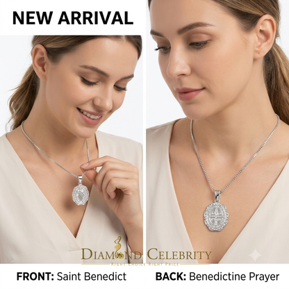 DiamondCelebritees 925 Sterling Silver Double Side Oval Benedict Men/Women Pendant White Religious
