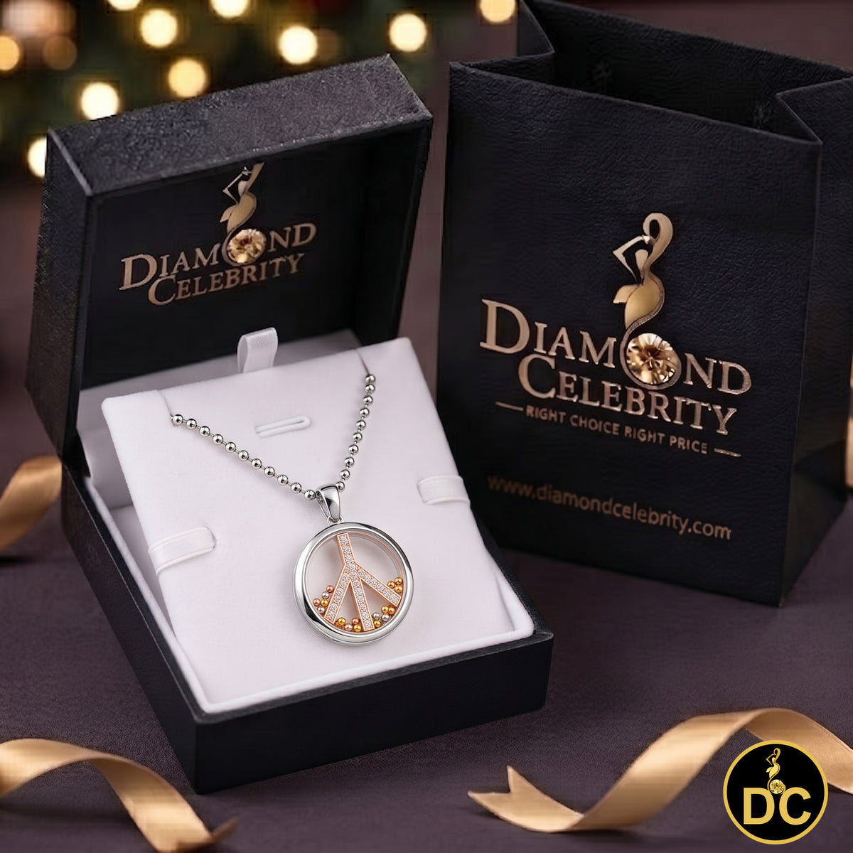 DiamondCelebritees 925 White Sterling Silver Peace Sign Floating Glass 0.25ct Cubic Zircon Pendant