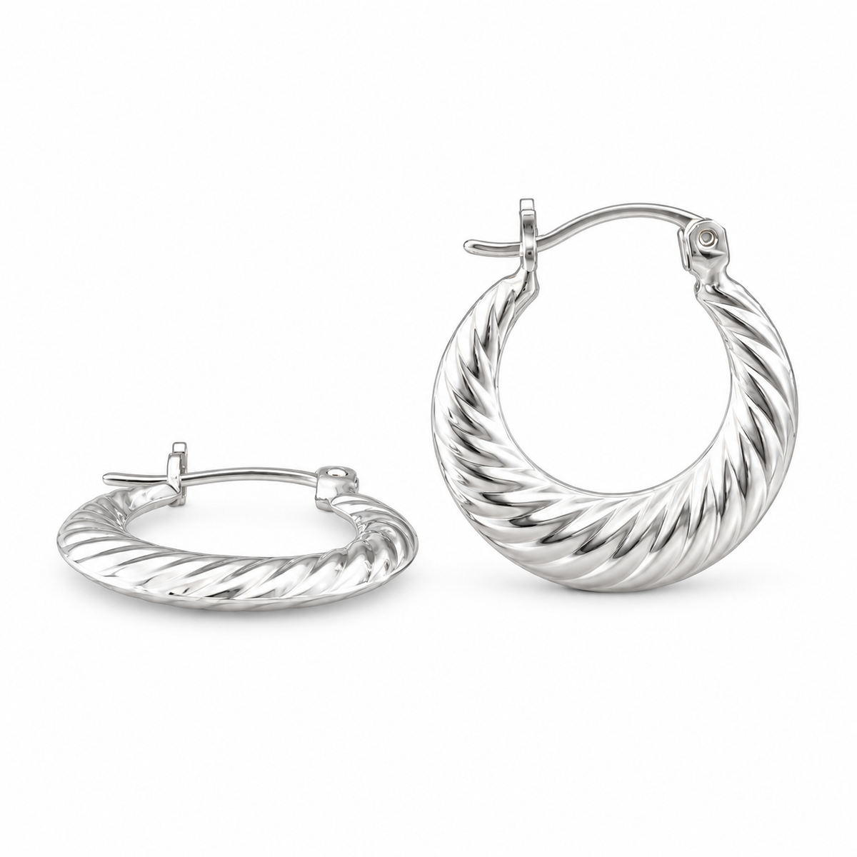 925 Sterling Silver Twisted Tube/Shrimp Textured & Puffy Ribbed 18mmHoop Earring