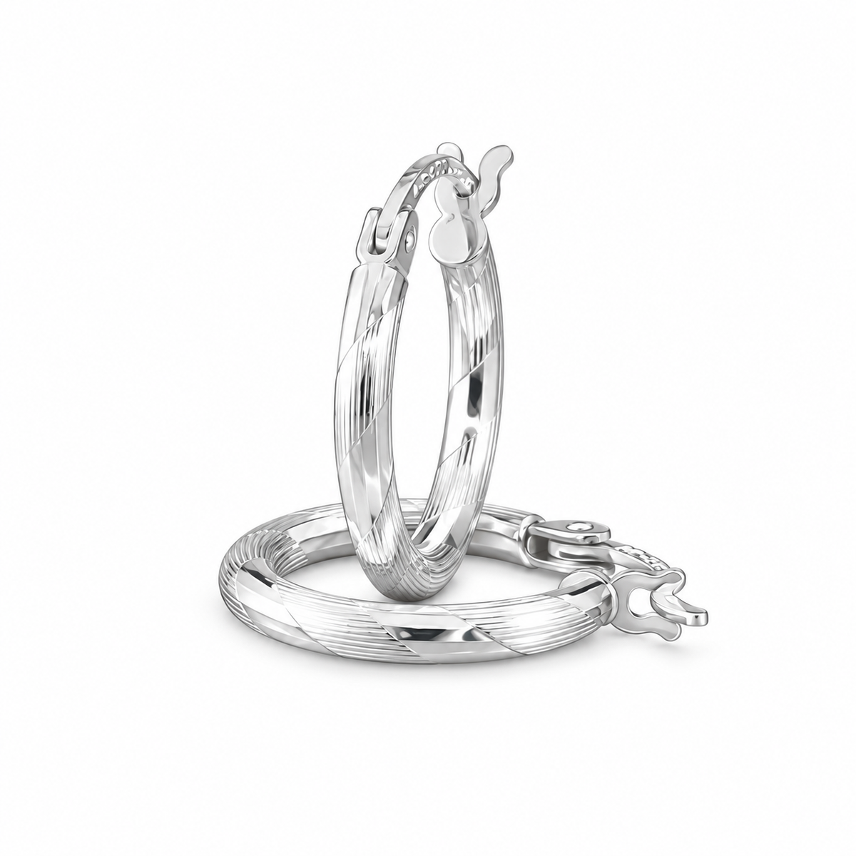 925 Sterling Silver Classic Round Diamond-cut Chevron Texture 14mm Hoop Earrings