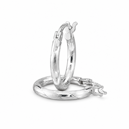 925 Sterling Silver Classic Round Diamond-cut Chevron Texture 14mm Hoop Earrings