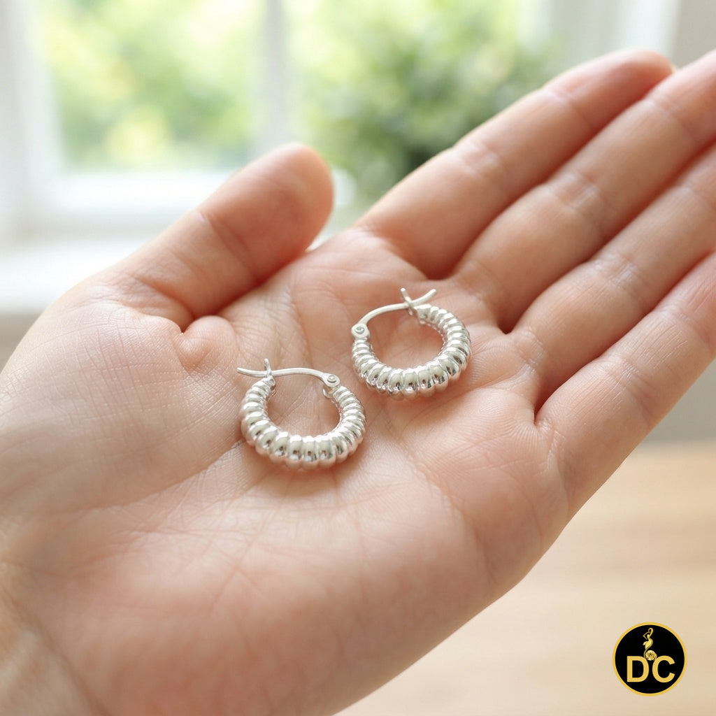 925 Silver Tubular Ribbed Round Croissant Shape Tubogas-Style 15mm Hoop Earrings