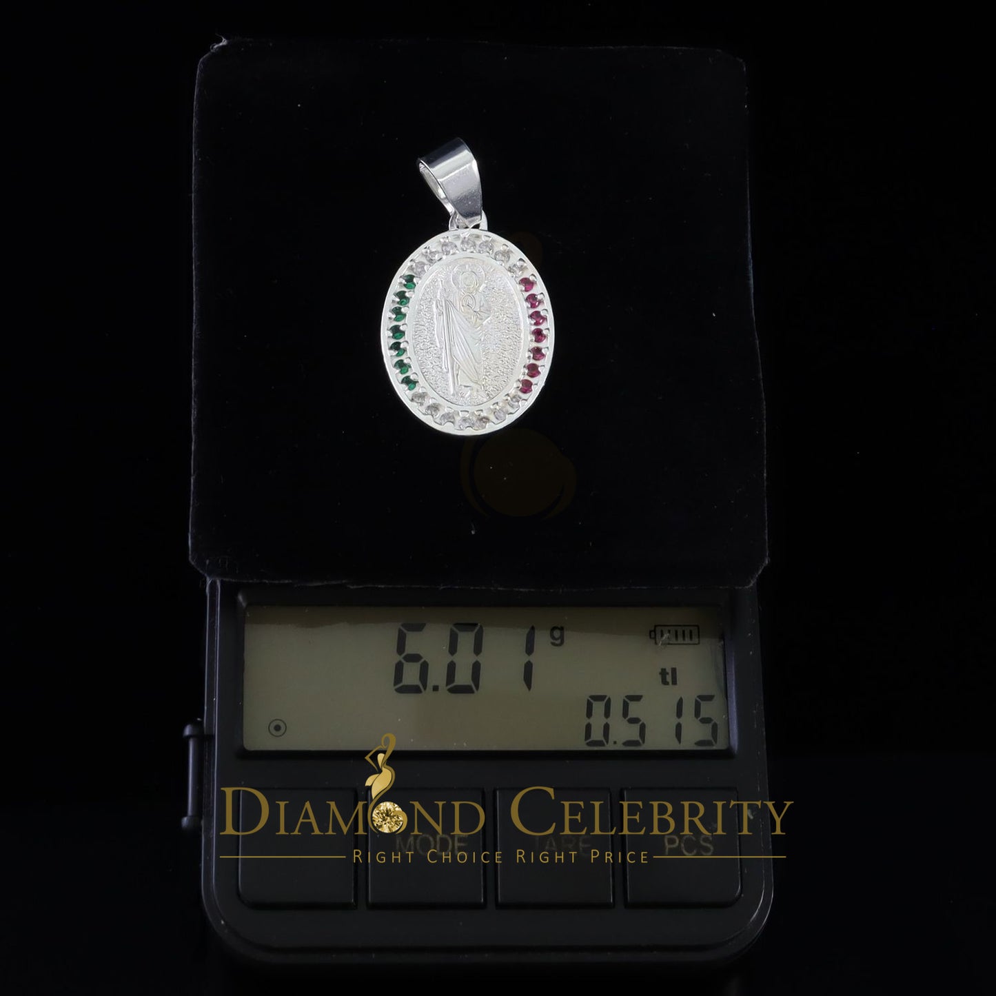 DiamondCelebritees 925 Sterling Silver St.Jude Multi Color CZ Men's/Women's Pendant White Religious