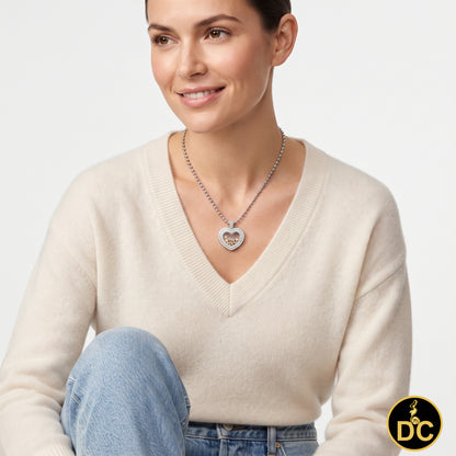 DiamondCelebritees 925 White Silver Heart Floating Flower /Bead in a Glass Cubic Zirconia Pendant