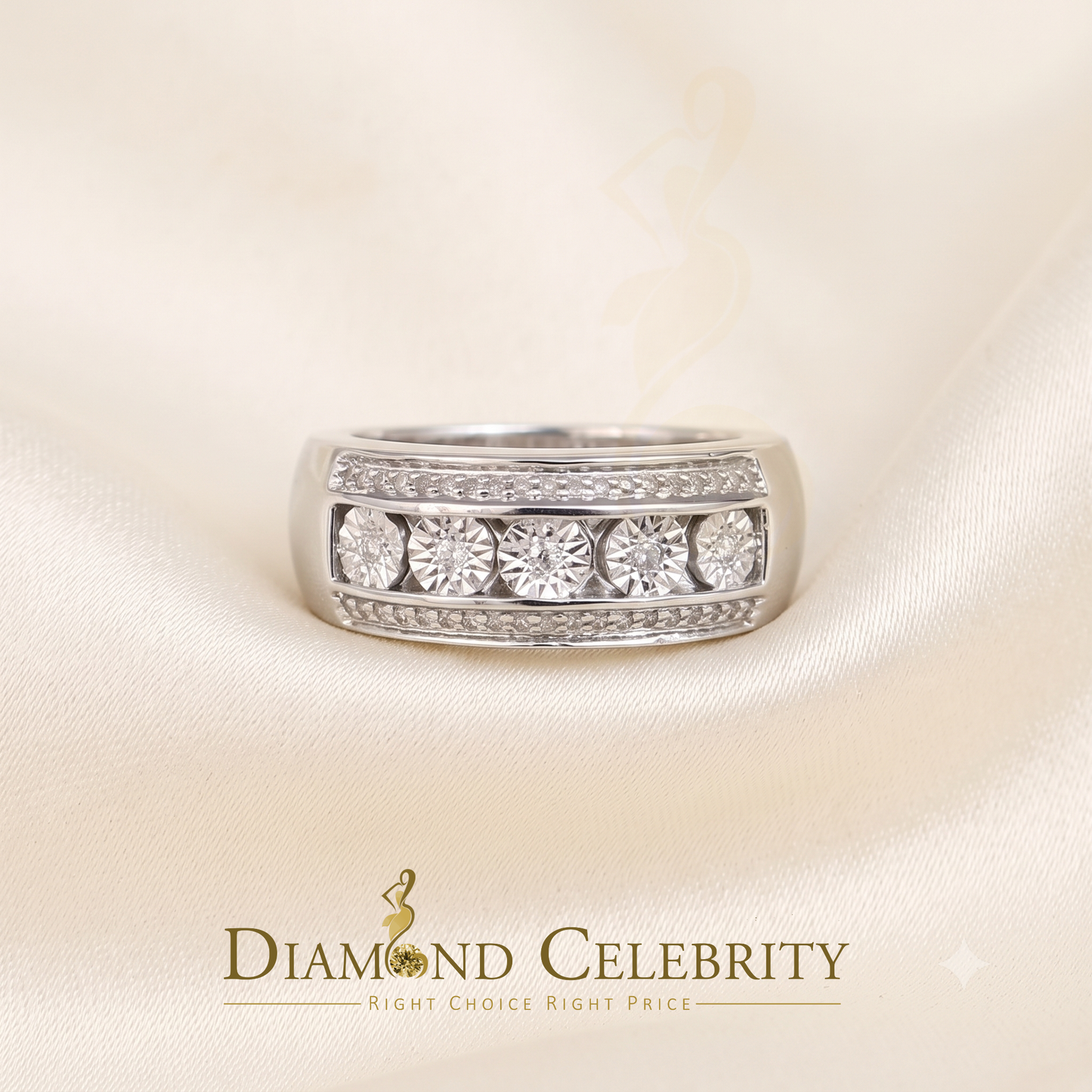 DiamondCelebritees 0.20 CT Real Diamond Men's 925 Sterling Silver White Band Big Ring Size 10.5