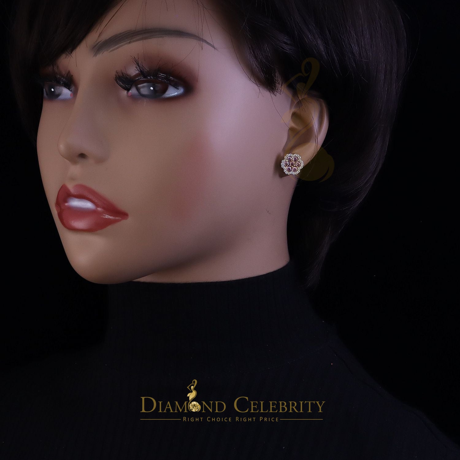 DiamondCelebritees Mens/Women's 925 Silver Yellow 1.50ct VVS D Pink Moissanite Floral Stud Earrings