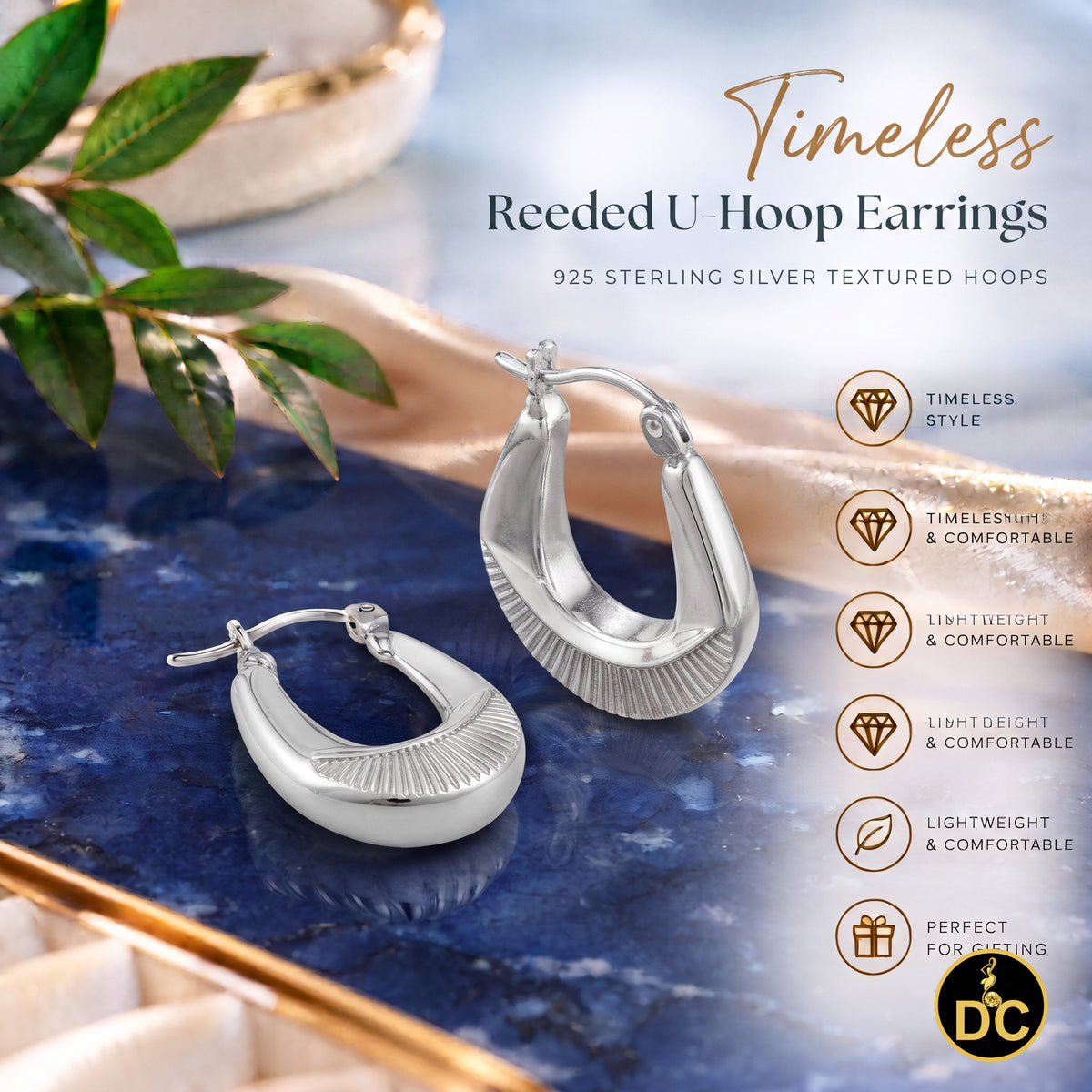 925 Silver Wide Sunburst Ribbed Scalloped Polished U shaped 17mm Hoop Earrings