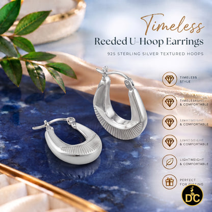 925 Silver Wide Sunburst Ribbed Scalloped Polished U shaped 17mm Hoop Earrings