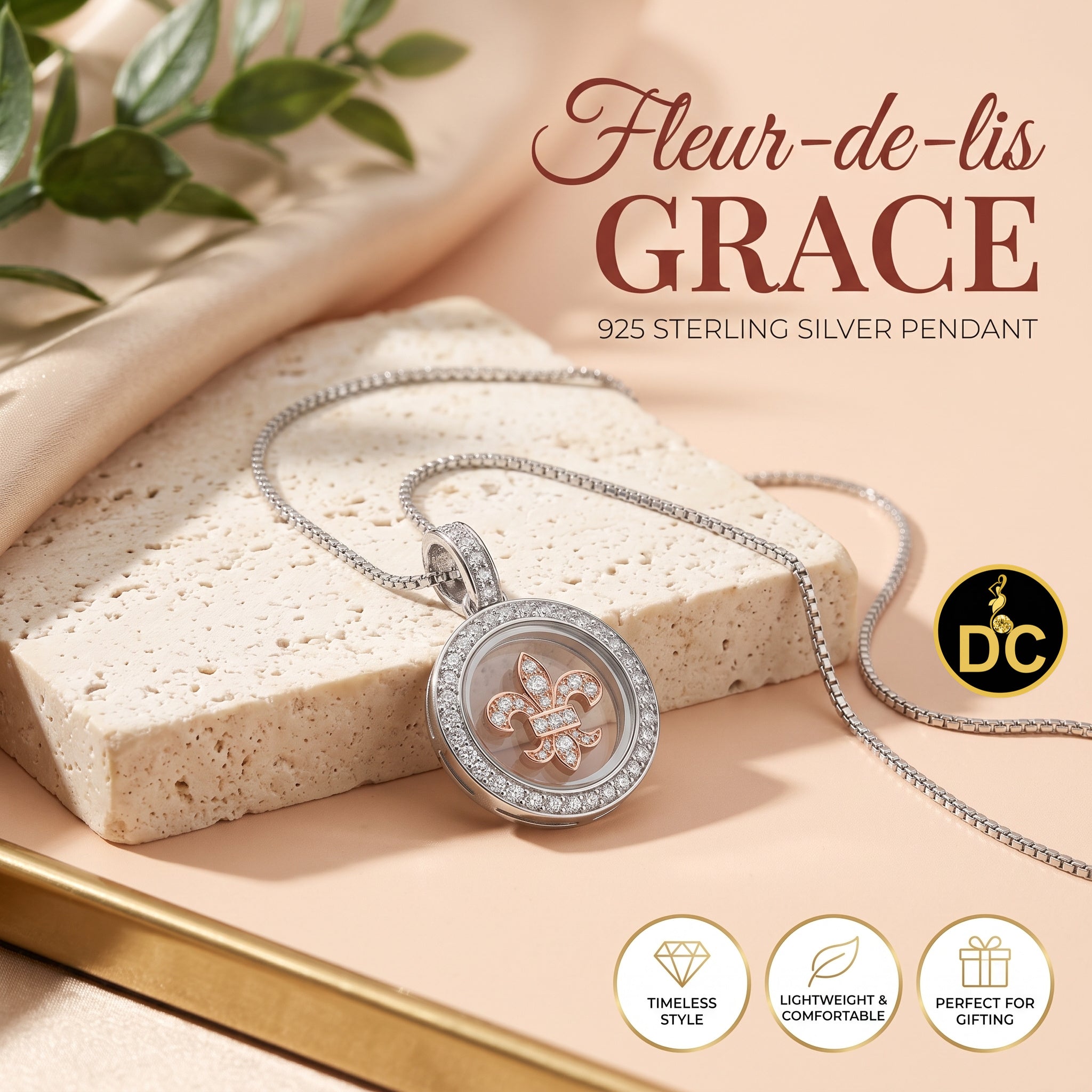 DiamondCelebritees 925 White Sterling Silver Small Fleur-de-Lis Floating Glass Cubic Zircon Pendat