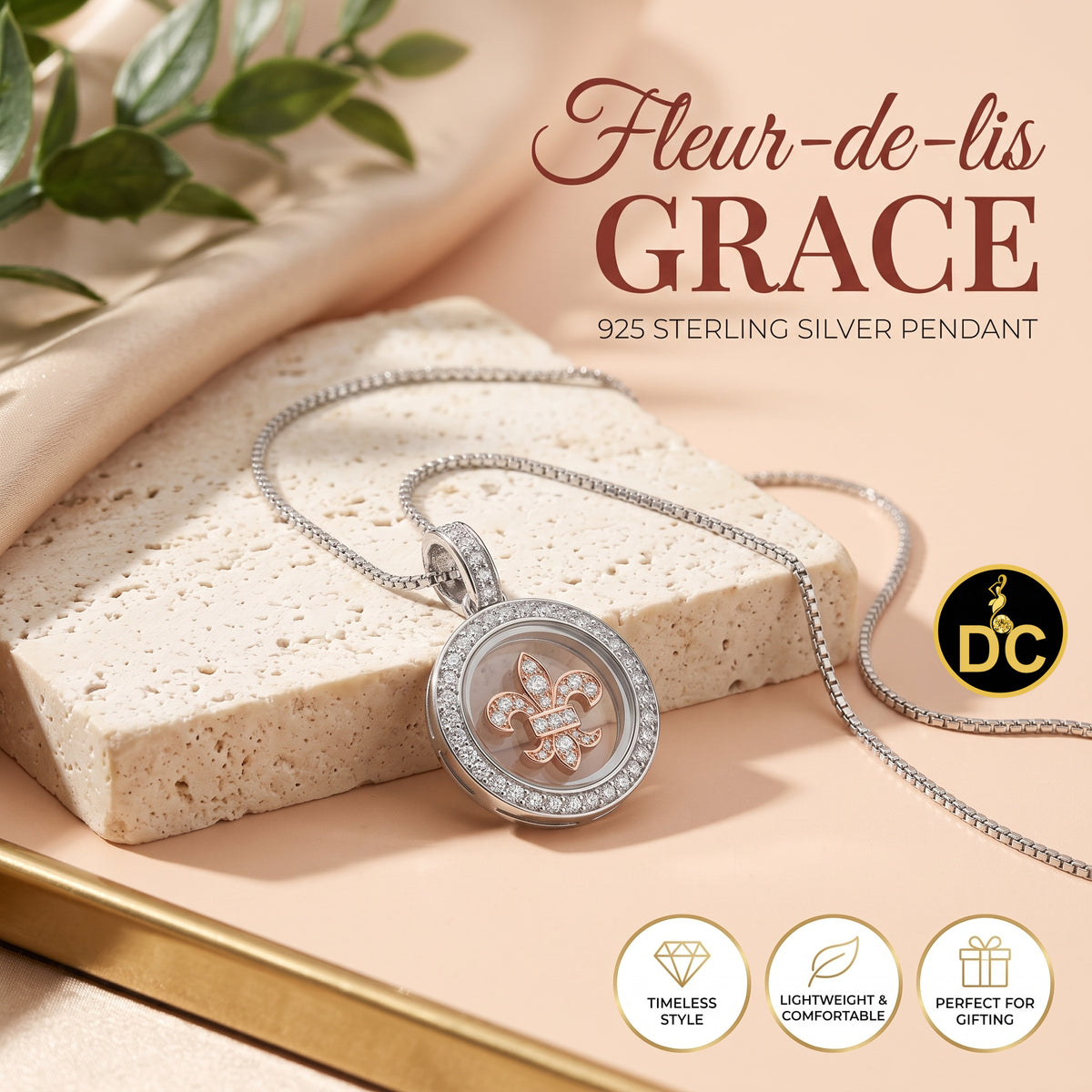 DiamondCelebritees 925 White Sterling Silver Small Fleur-de-Lis Floating Glass Cubic Zircon Pendat