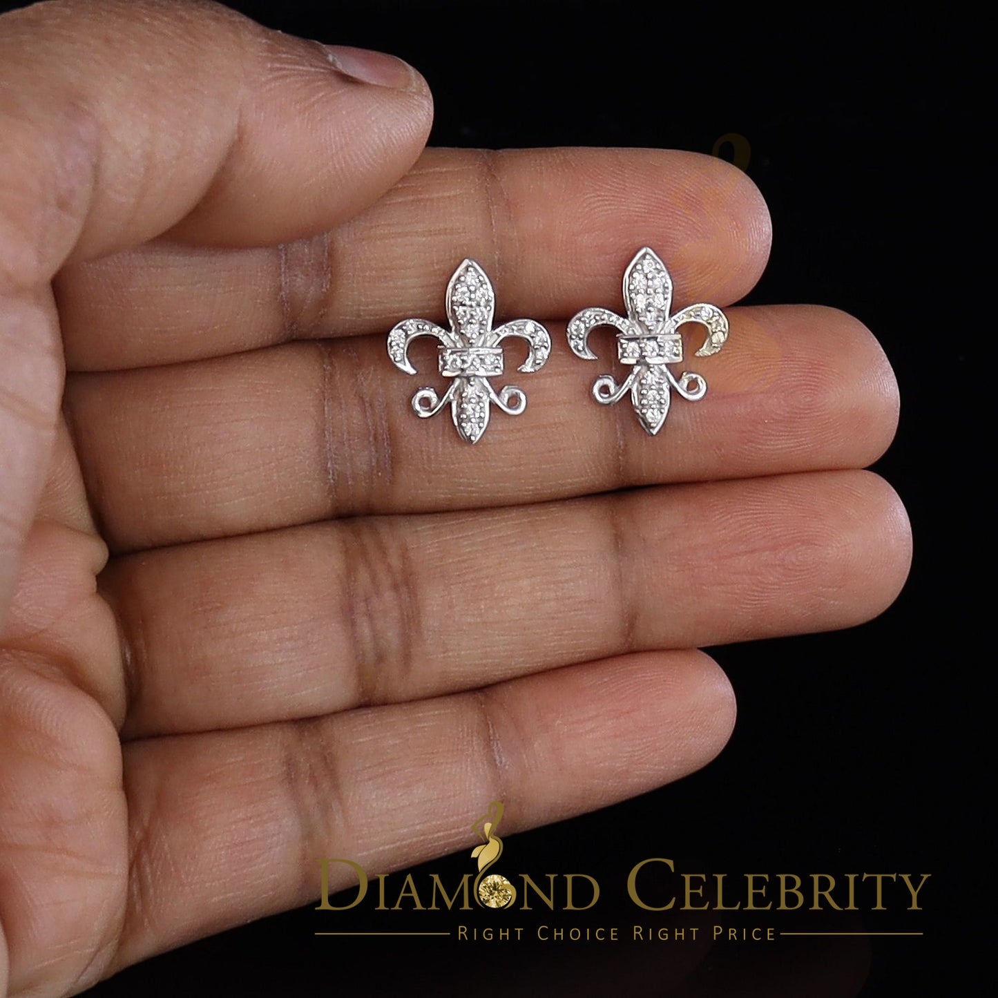 DiamondCelebritees  925 White Silver Women's Fleur de Lis Screw Back 0.36ct Cubic Zirconia Earrings