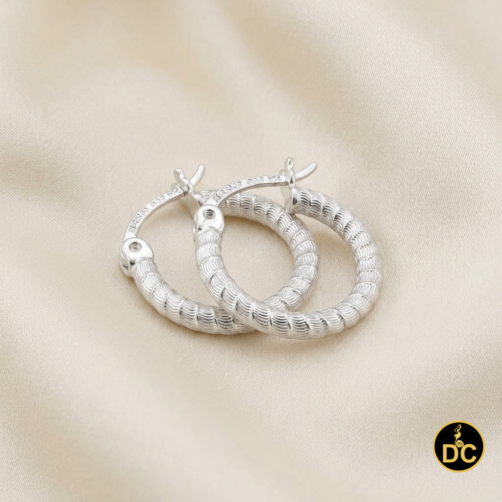 925 Silver Snake Chain Pattern Ribbed Textured Diamond Cut 15mm Hoop Earrings