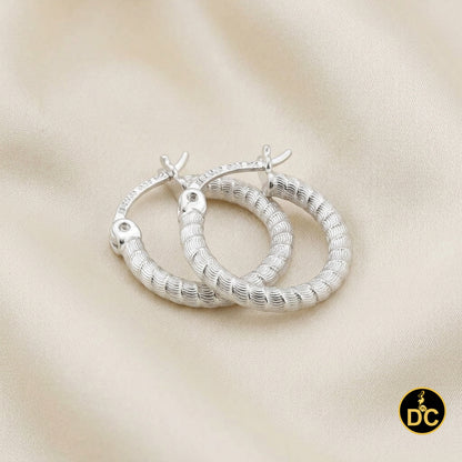 925 Silver Snake Chain Pattern Ribbed Textured Diamond Cut 15mm Hoop Earrings