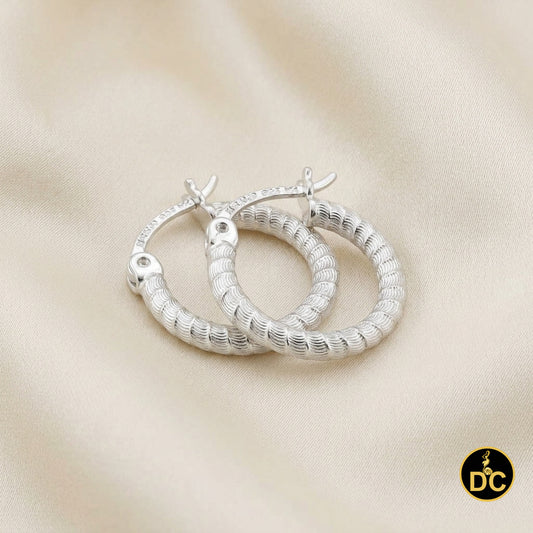 925 Silver Snake Chain Pattern Ribbed Textured Diamond Cut 15mm Hoop Earrings