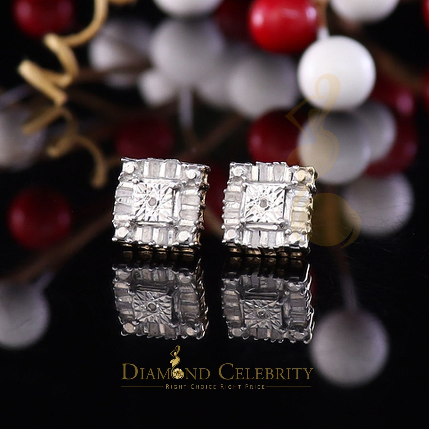 King of Blings-Micro Pave Yellow 925 Silver 0.20ct Real Diamond Men & Women Square Earrings