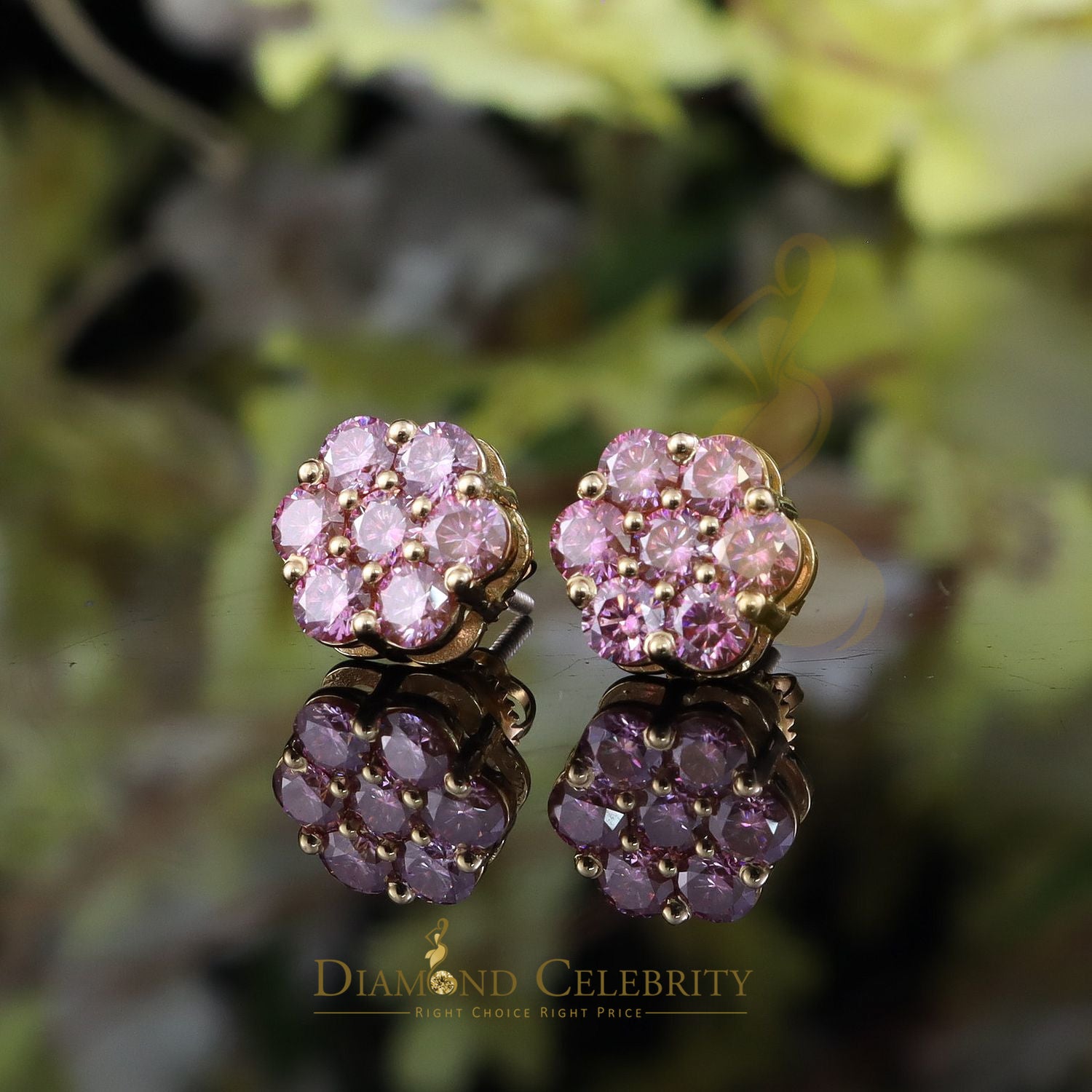 DiamondCelebritees Mens/Women's 925 Silver Yellow 2.25ct VVS D Pink Moissanite Floral Stud Earrings