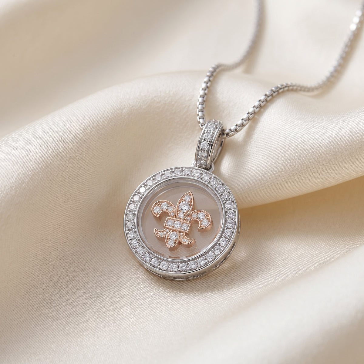 DiamondCelebritees 925 White Sterling Silver Small Fleur-de-Lis Floating Glass Cubic Zircon Pendat