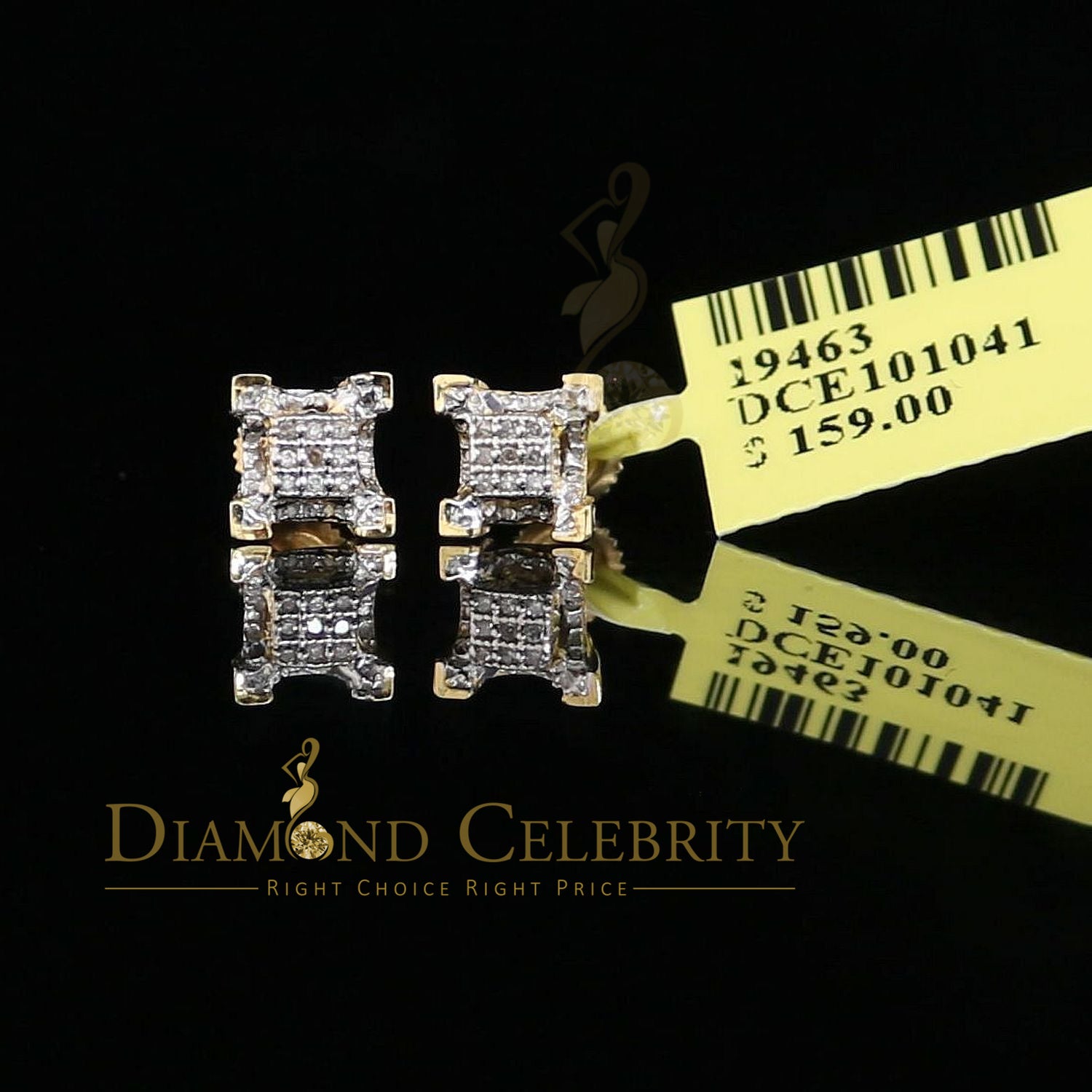 925 Sterling Silver Yellow Hip Hop 0.15ct Diamond Man & Women Square Earrings