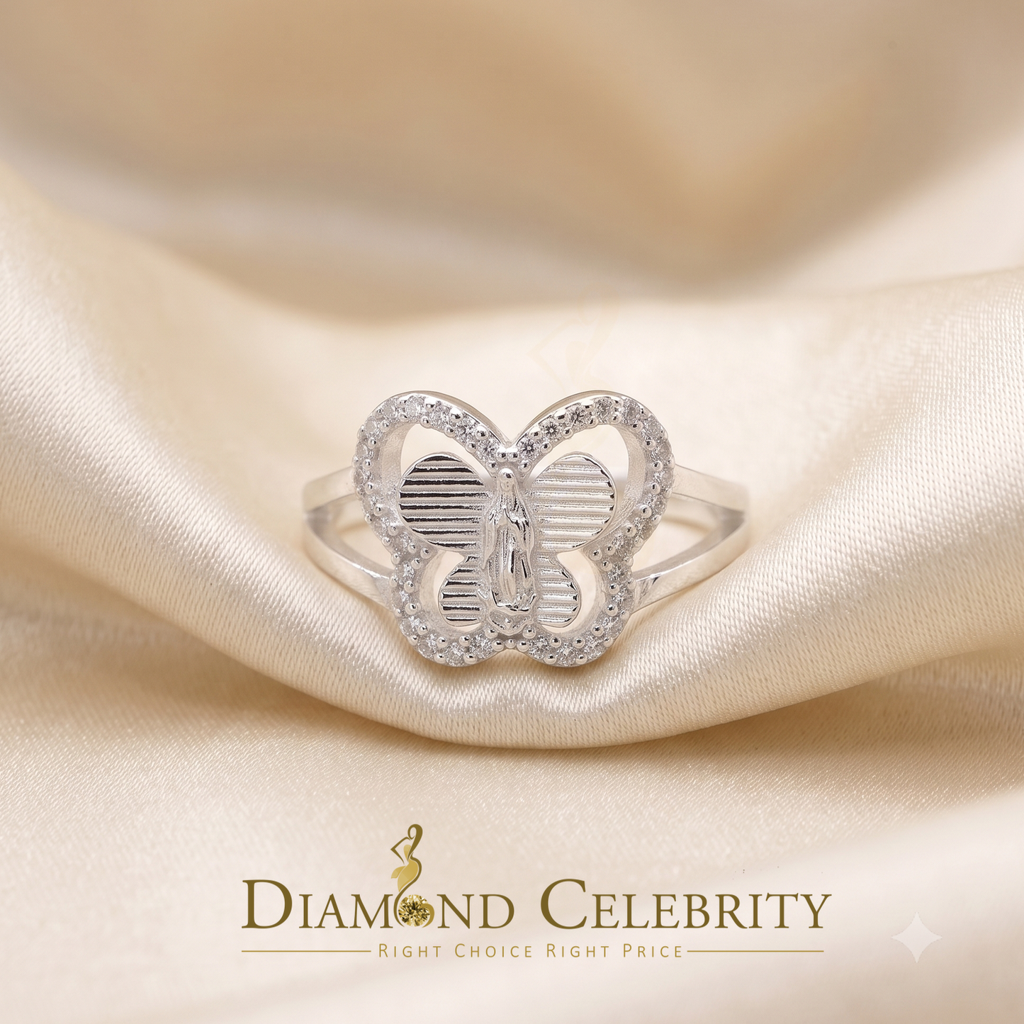 DiamondCelebritees Religious White Butterfly 925 Silver CZ Mother Mary Women's Ring Size 9.5