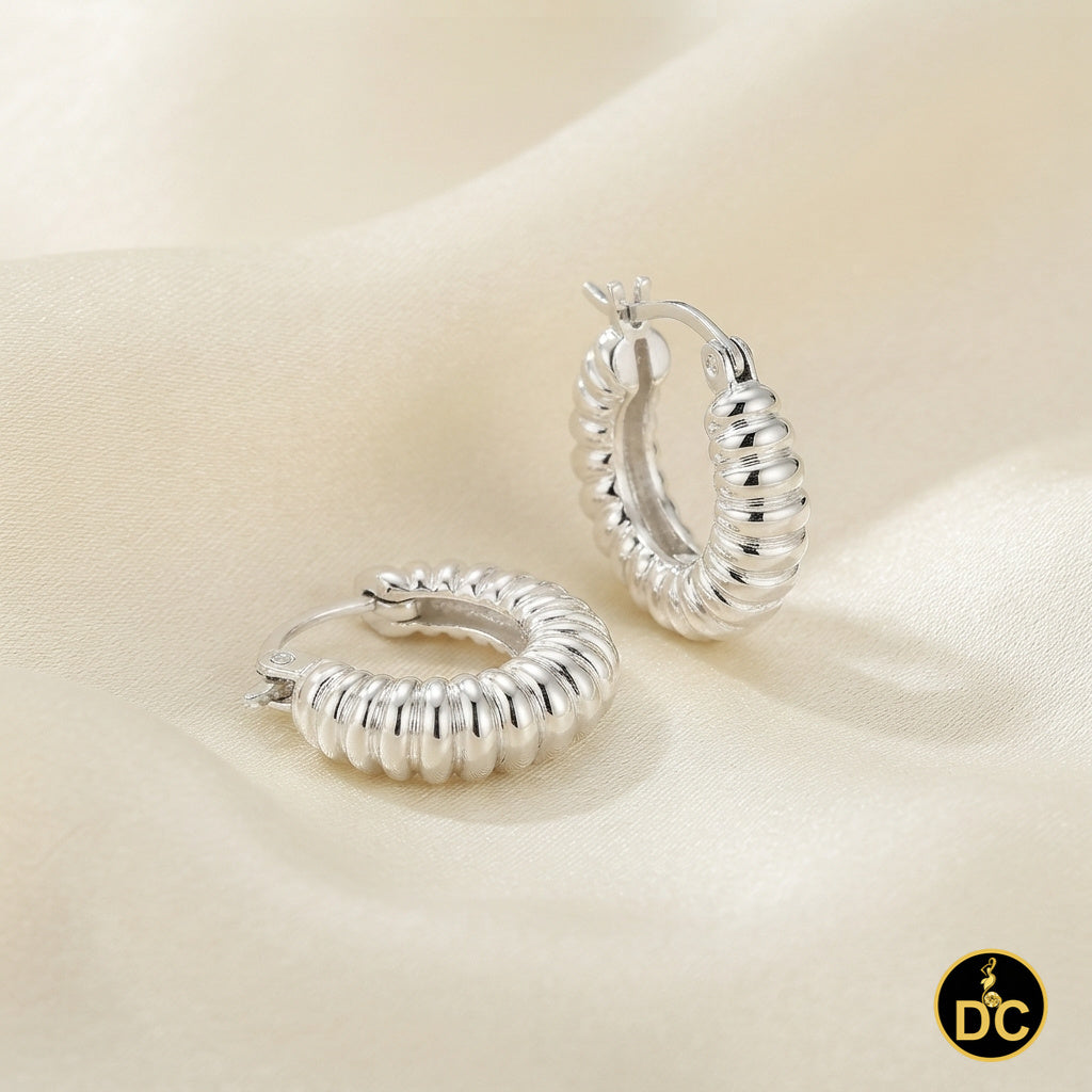 925 Silver Tubular Ribbed Round Croissant Shape Tubogas-Style 15mm Hoop Earrings