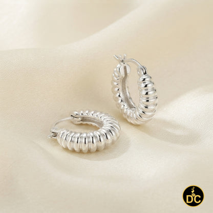 925 Silver Tubular Ribbed Round Croissant Shape Tubogas-Style 15mm Hoop Earrings