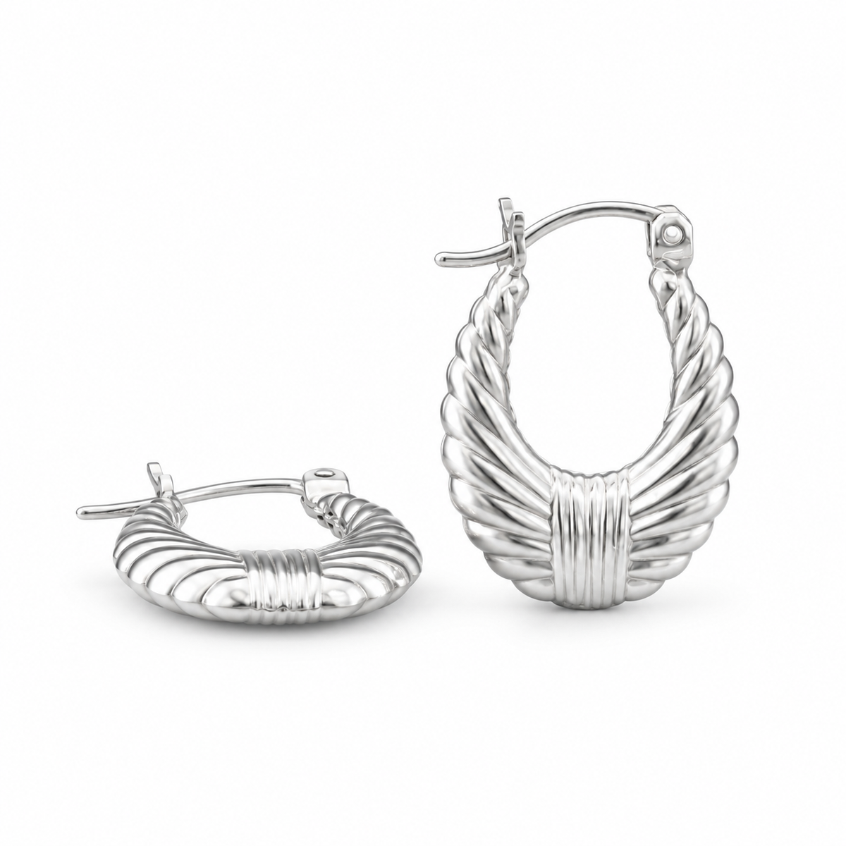 925 Silver Textured Shrimp or croissant Shape Italian Oval 14mm Hoop Earrings