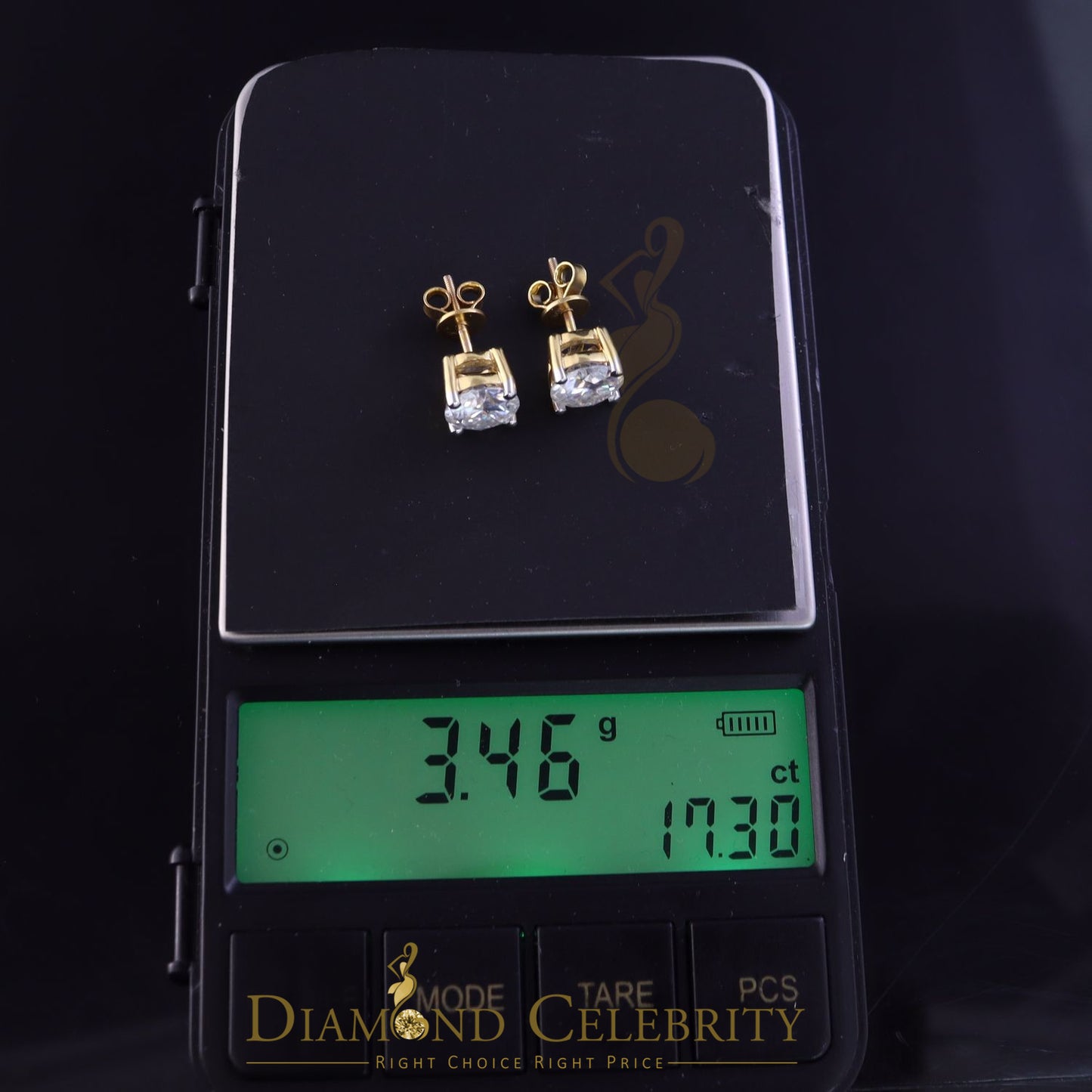 DiamondCelebritees 10k Real Yellow Gold with 3.50ct Round VVS 'D' Color Moissanite Stud Earrings