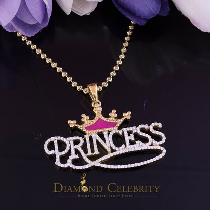 Diamondcelebritees 3ct Real Moissanite 925 "Silver PRINCESS" with Pink Enamel CROWN Yellow Pendant