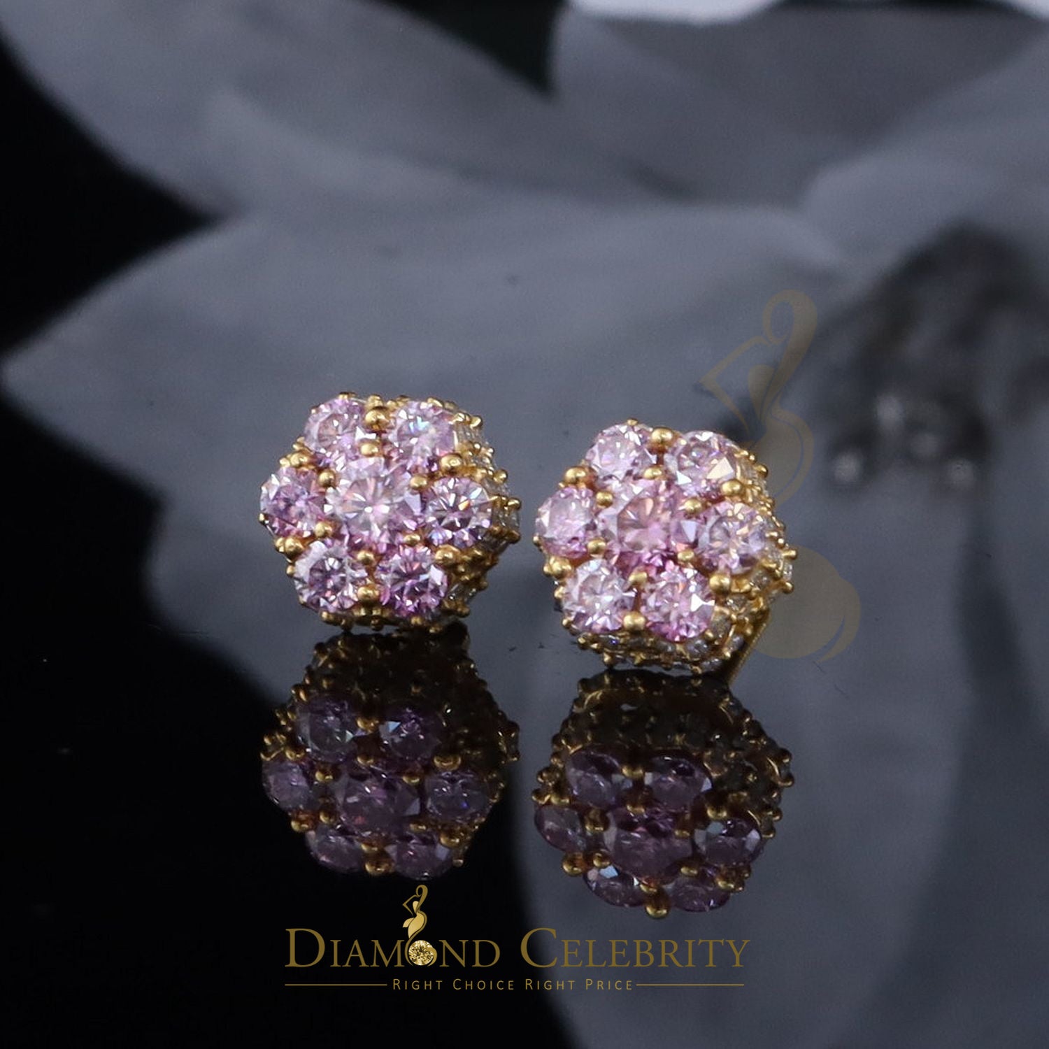 DiamondCelebritees Women's 925 Silver Yellow 2.50ct VVS 'D' Pink Moissanite Floral Stud Earrings