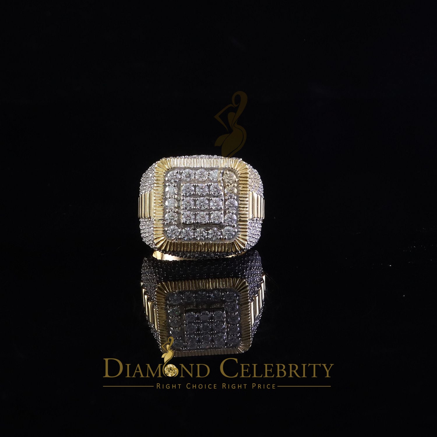 DiamondCelebritees Men's 925 Sterling Silver 6.50ct VVS 'D' Moissanite Square Yellow Rings Size 10