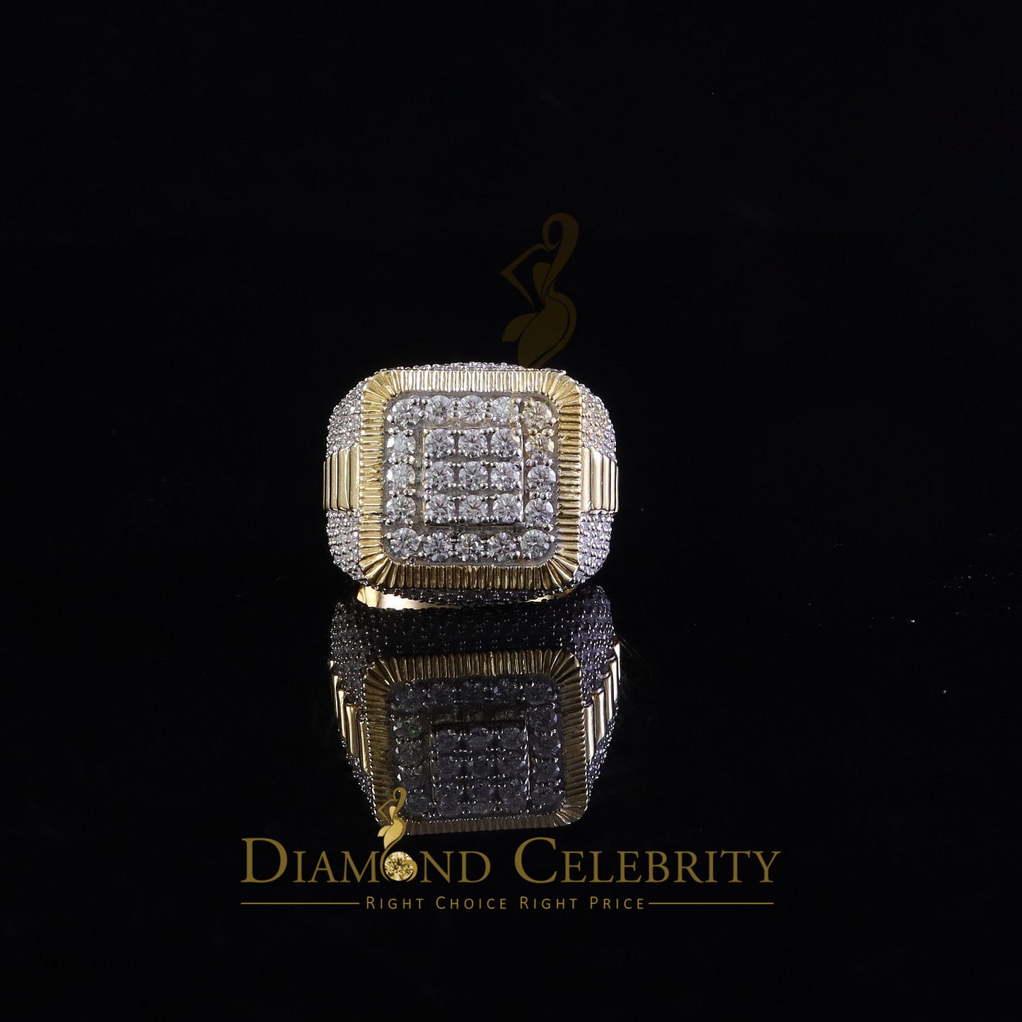 DiamondCelebritees Men's 925 Sterling Silver 6.50ct VVS 'D' Moissanite Square Yellow Rings Size 10