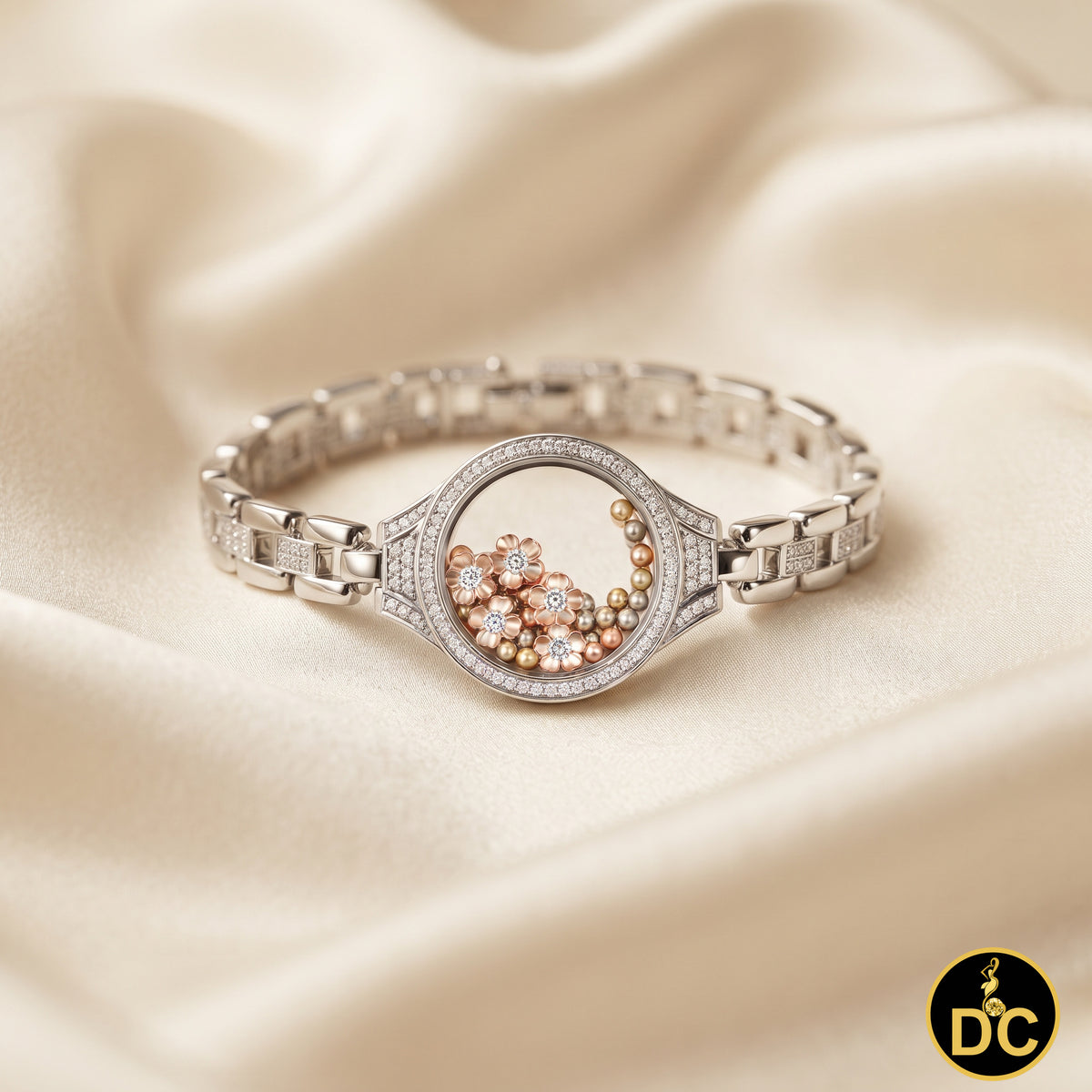 Diamondcelebritees 925 White Sterling Silver Floating Flower Glass / Beads CZ Watch Style Bracelet