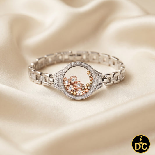 Diamondcelebritees 925 White Sterling Silver Floating Flower Glass / Beads CZ Watch Style Bracelet