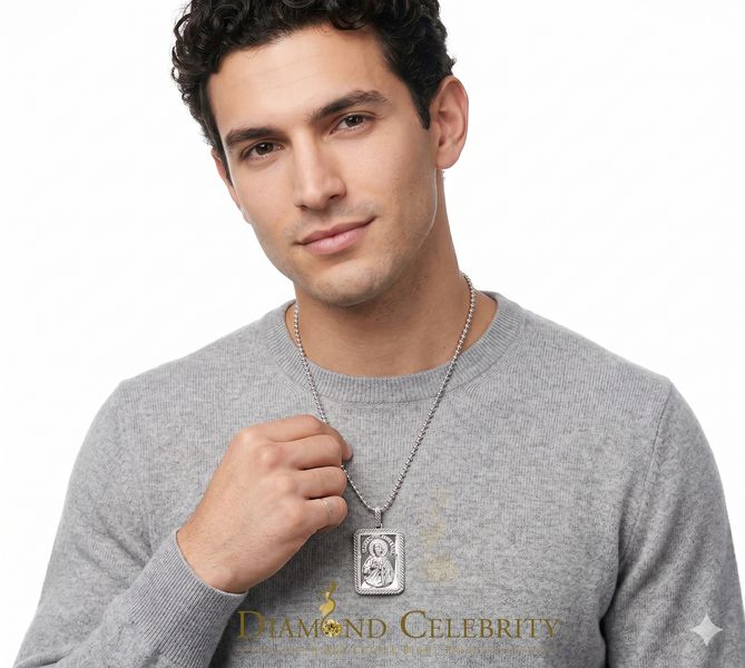 DiamondCelebritees Men's 925 San Judas Silver 0.66ct CZ Square 1.00 inch SAINT JUDE White Pendant