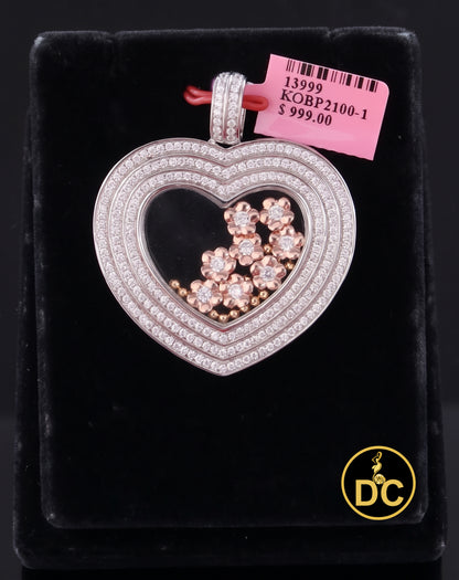 DiamondCelebritees 925 White Silver Heart Floating Flower /Bead in a Glass Cubic Zirconia Pendant