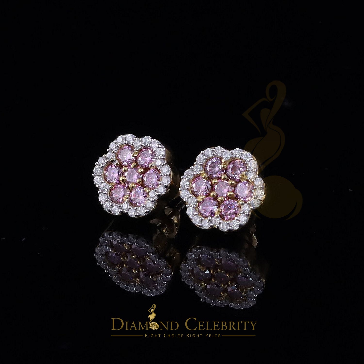 DiamondCelebritees Mens/Women's 925 Silver Yellow 1.50ct VVS D Pink Moissanite Floral Stud Earrings