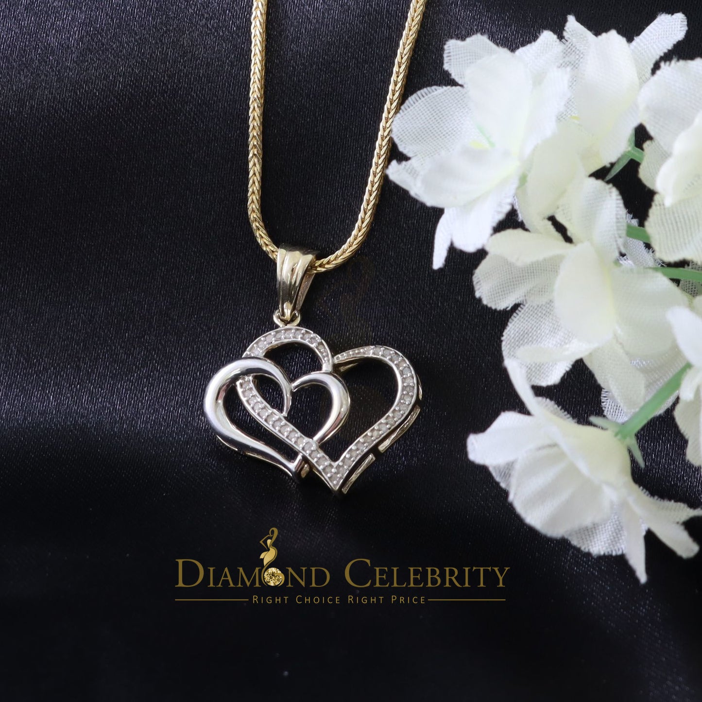 DiamondCelebritees  Two Tone Sterling Silver Yellow Double Heart Pendant 0.25ct Real Diamonds Stone