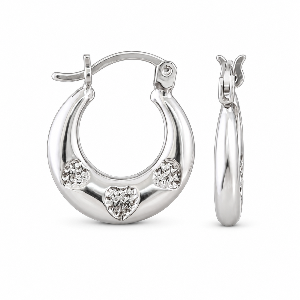 925 Sterling Silver 3/Texture Heart Accent Along curved Hallow 15mm Hoop Earring