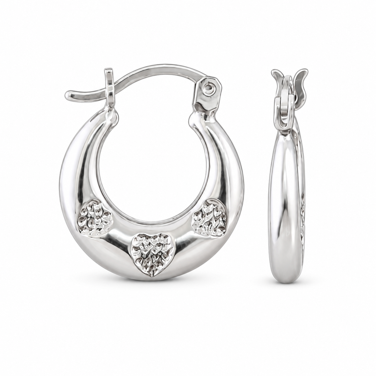925 Sterling Silver 3/Texture Heart Accent Along curved Hallow 15mm Hoop Earring