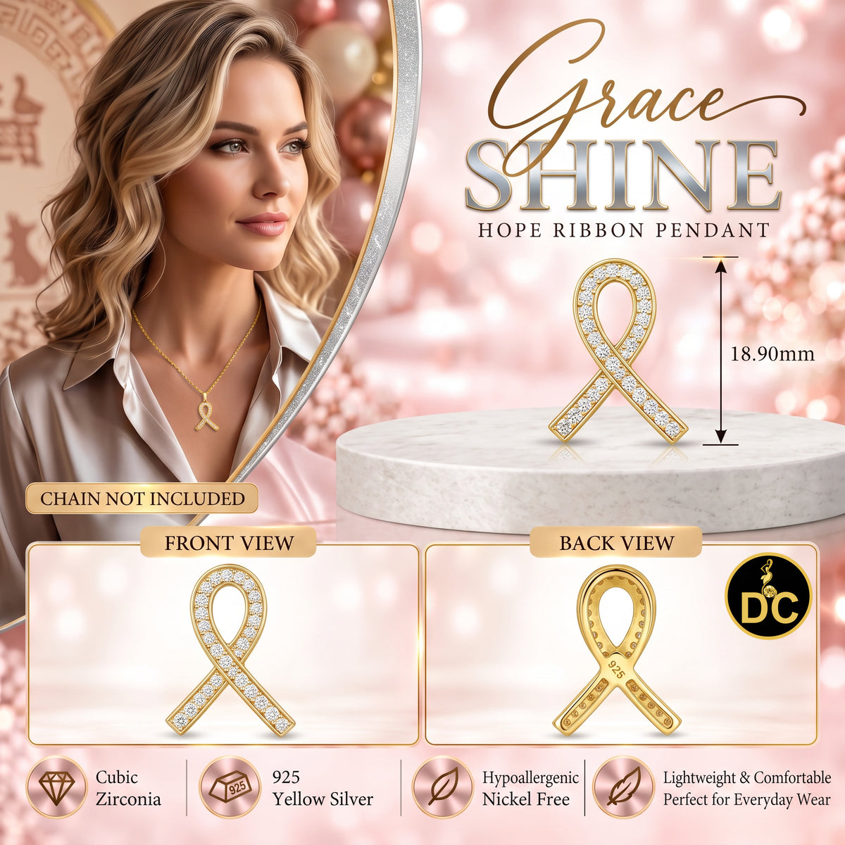 DiamondCelebritees 925 Silver Yellow Clear 0.50ct CZ Hope Ribbon Pendant for Breast Cancer Supports