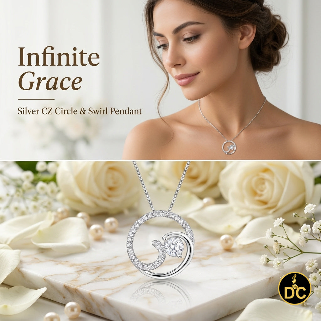 DiamondCelebritees 925 Sterling Silver White Open Circle Swirl Wave Ocean 1inch Pendant 2.92ct CZ