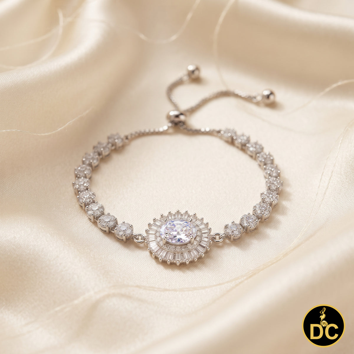 Diamondcelebritees 925 Silver Sun Shape White Bracelet Cubic Zirconia Adjustable Size 7 Inches