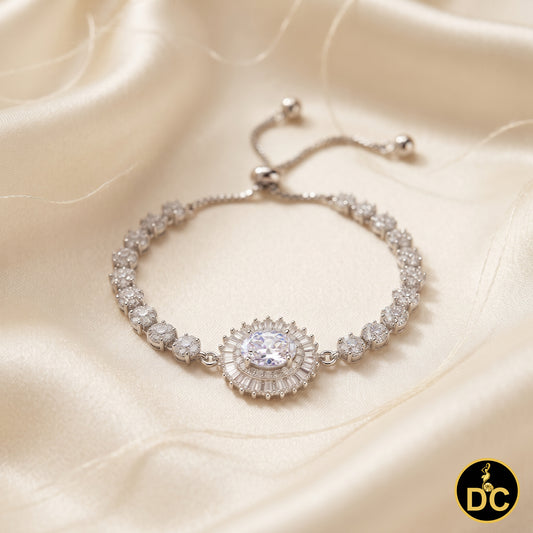 Diamondcelebritees 925 Silver Sun Shape White Bracelet Cubic Zirconia Adjustable Size 7 Inches