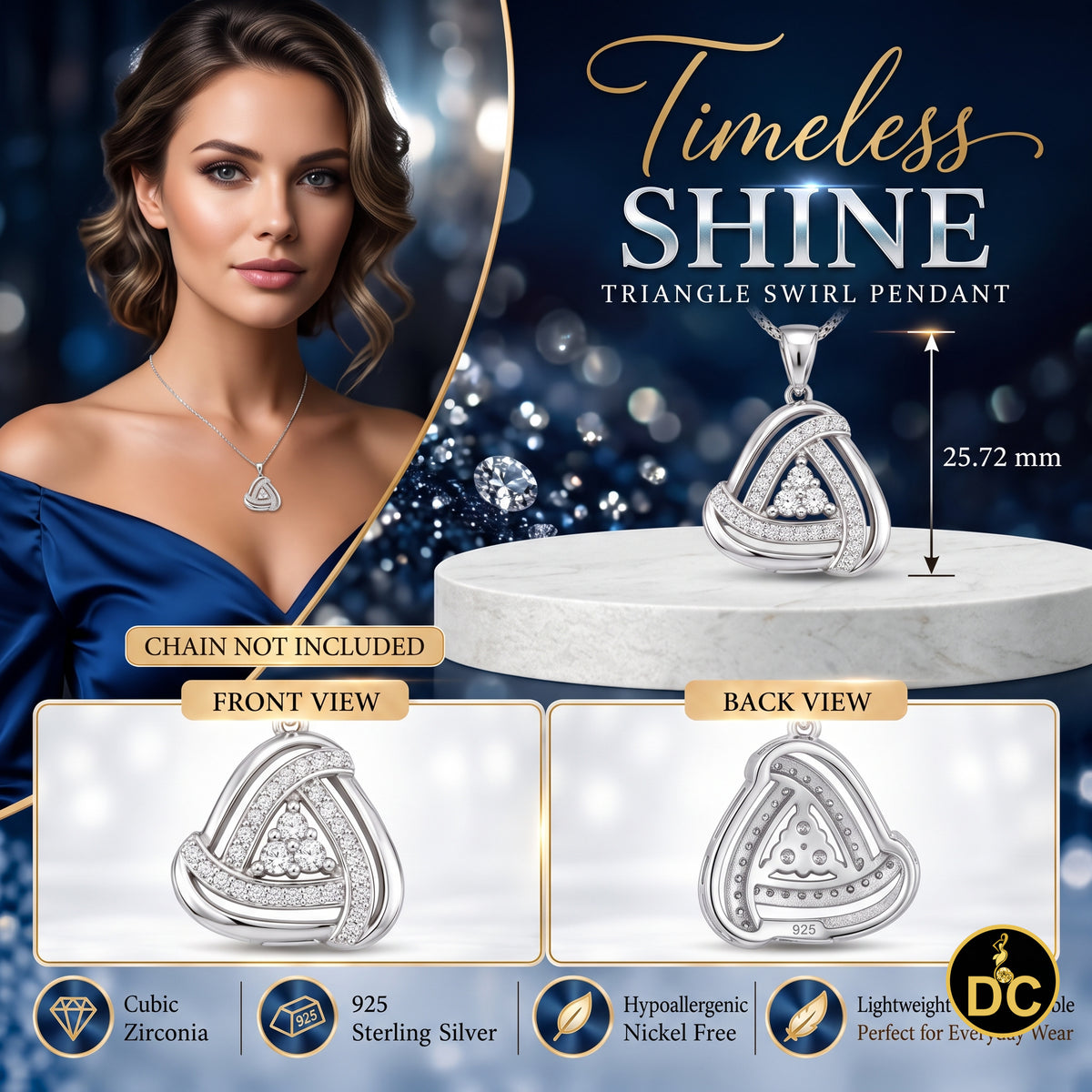 DiamondCelebritees 925 Sterling Silver White Double Triangle 1.00inch Pendant 1.65ct Cubic Zirconia